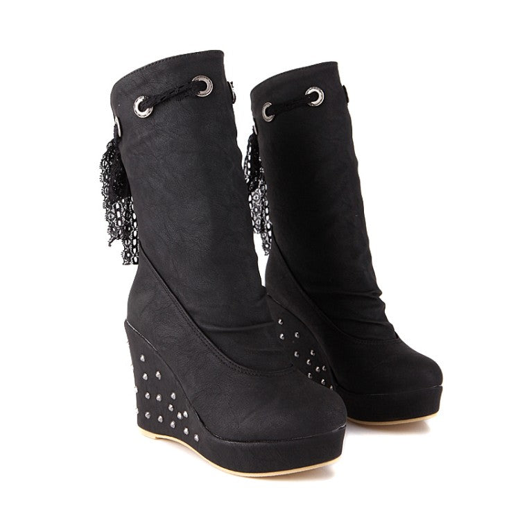 Round Toe Lace Tied Straps Rivets Wedge Heel Platform Mid Calf Boots for Women