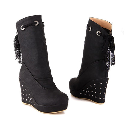 Round Toe Lace Tied Straps Rivets Wedge Heel Platform Mid Calf Boots for Women