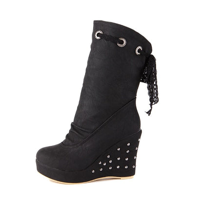 Round Toe Lace Tied Straps Rivets Wedge Heel Platform Mid Calf Boots for Women