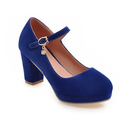 Ladies Suede Round Toe Mary Jane Block Heels High Heel Platform Pumps