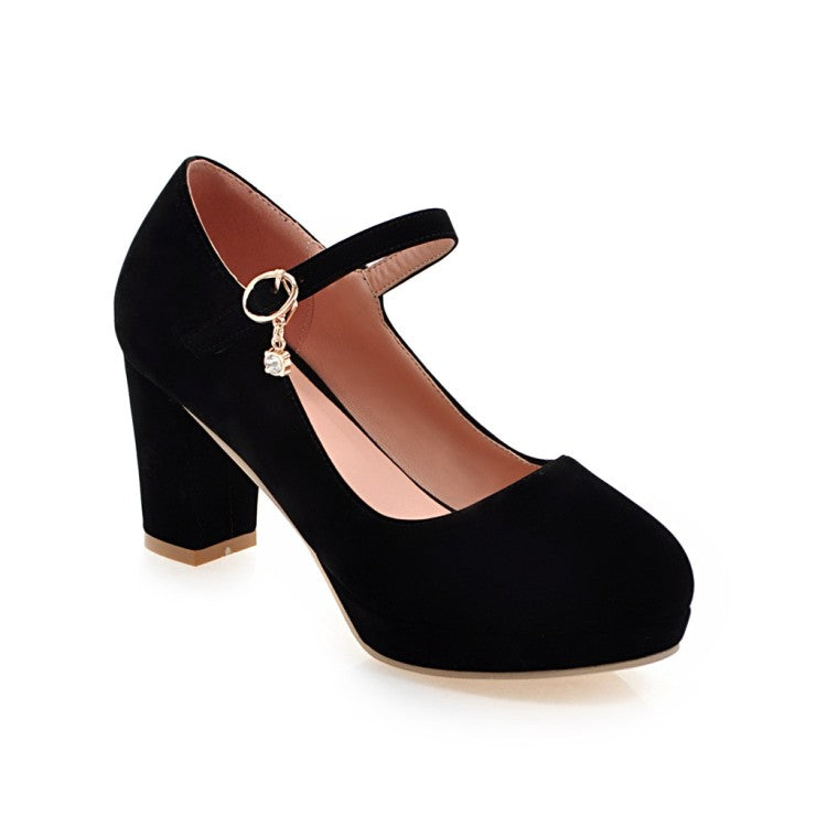 Ladies Suede Round Toe Mary Jane Block Heels High Heel Platform Pumps