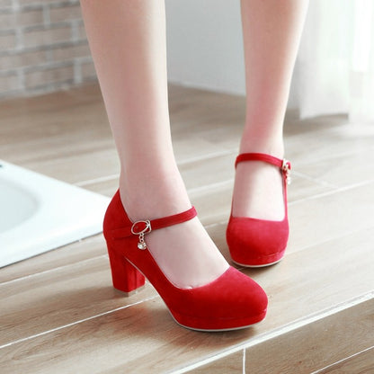 Ladies Suede Round Toe Mary Jane Block Heels High Heel Platform Pumps