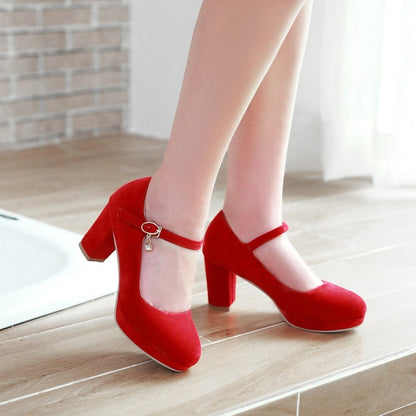 Ladies Suede Round Toe Mary Jane Block Heels High Heel Platform Pumps