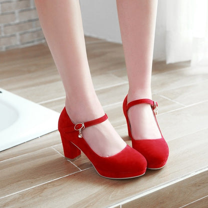 Ladies Suede Round Toe Mary Jane Block Heels High Heel Platform Pumps