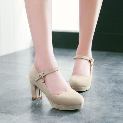 Ladies Suede Round Toe Mary Jane Block Heels High Heel Platform Pumps