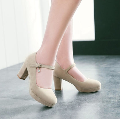 Ladies Suede Round Toe Mary Jane Block Heels High Heel Platform Pumps