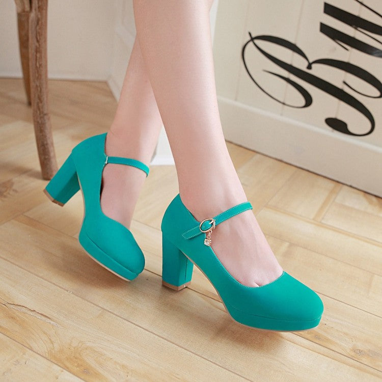 Ladies Suede Round Toe Mary Jane Block Heels High Heel Platform Pumps