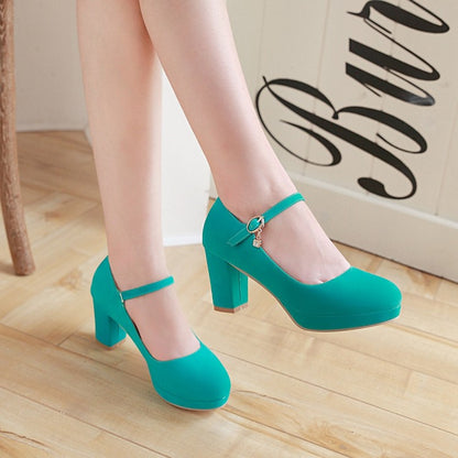 Ladies Suede Round Toe Mary Jane Block Heels High Heel Platform Pumps