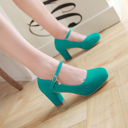 Ladies Suede Round Toe Mary Jane Block Heels High Heel Platform Pumps