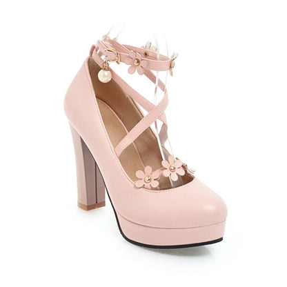 Ladies Strapply Flower High Heel Chunky Heels Platform Pumps