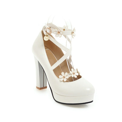 Ladies Strapply Flower High Heel Chunky Heels Platform Pumps