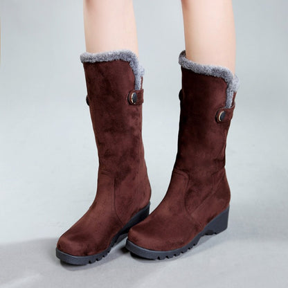 Flock Round Toe Wedge Heel Mid-Calf Boots for Women