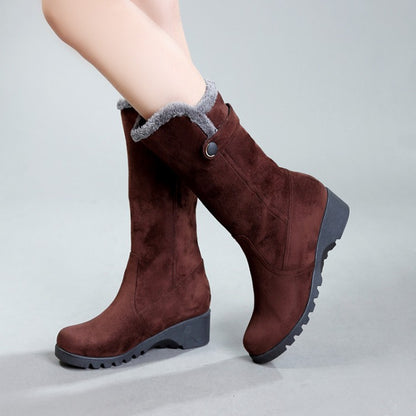 Flock Round Toe Wedge Heel Mid-Calf Boots for Women