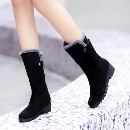 Flock Round Toe Wedge Heel Mid-Calf Boots for Women