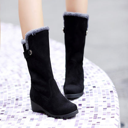 Flock Round Toe Wedge Heel Mid-Calf Boots for Women