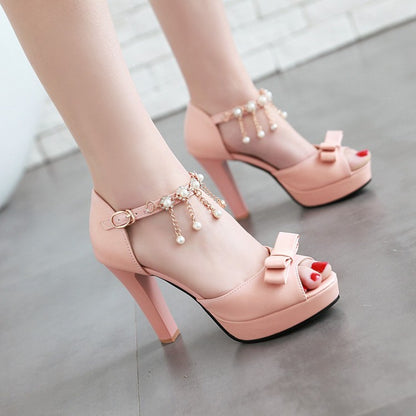 Ladies Solid Color Peep Toe Butterfly Knot High Heel Ankle Strap Pearls Chains Rhinestone Platform Sandals