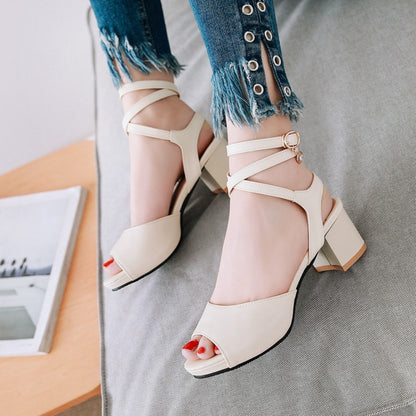 Ladies Solid Color Cross Ankle Strap Block Heels Sandals