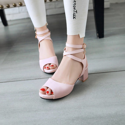 Ladies Solid Color Cross Ankle Strap Block Heels Sandals