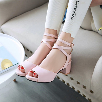 Ladies Solid Color Cross Ankle Strap Block Heels Sandals