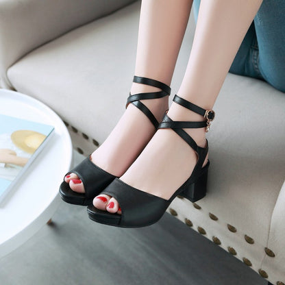 Ladies Solid Color Cross Ankle Strap Block Heels Sandals