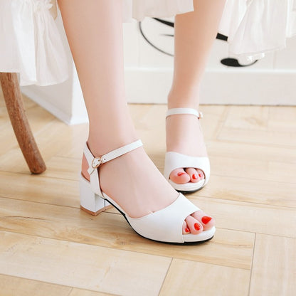 Ladies Solid Color Peep Toe Ankle Strap Block Heel Sandals