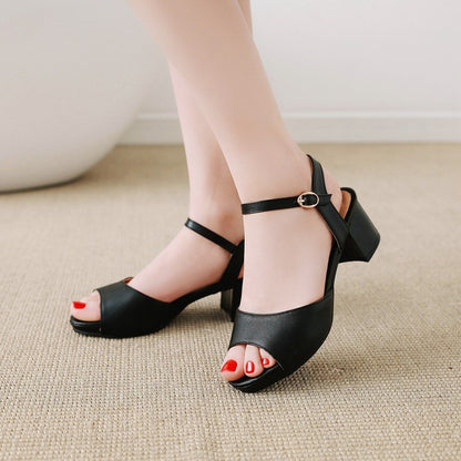 Ladies Solid Color Peep Toe Ankle Strap Block Heel Sandals