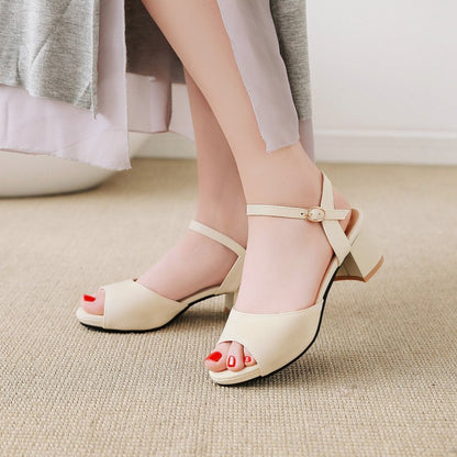 Ladies Solid Color Peep Toe Ankle Strap Block Heel Sandals