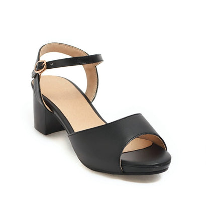 Ladies Solid Color Peep Toe Ankle Strap Block Heel Sandals