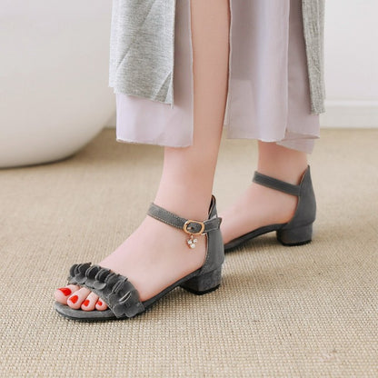 Ladies Solid Color Pleated Ankle Strap Hollow Out Low Block Heels Sandals