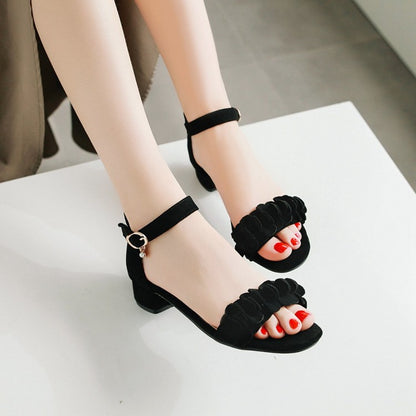 Ladies Solid Color Pleated Ankle Strap Hollow Out Low Block Heels Sandals