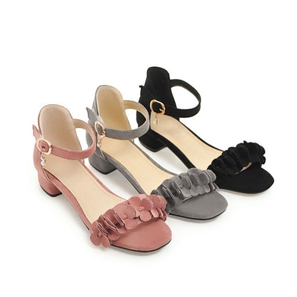 Ladies Solid Color Pleated Ankle Strap Hollow Out Low Block Heels Sandals