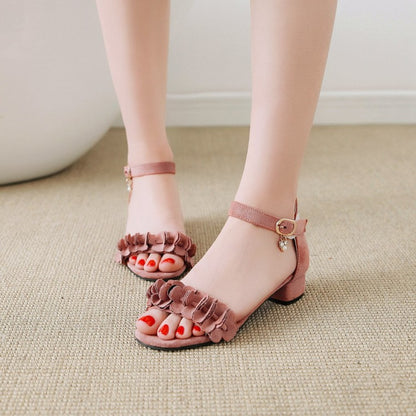 Ladies Solid Color Pleated Ankle Strap Hollow Out Low Block Heels Sandals