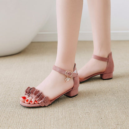 Ladies Solid Color Pleated Ankle Strap Hollow Out Low Block Heels Sandals