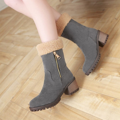 Ladies Suede Stitching Side Zippers Block Heel Short Boots