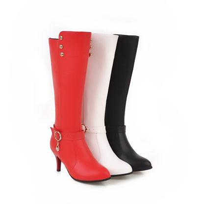 Rivets Rhinestone Buckle Straps Side Zippers Kitten Heel Knee High Boots for Women