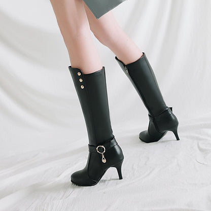Rivets Rhinestone Buckle Straps Side Zippers Kitten Heel Knee High Boots for Women