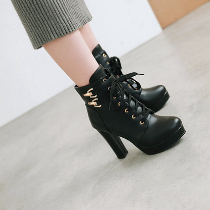 Ladies Lace Up Chunky Heel Platform Ankle Boots