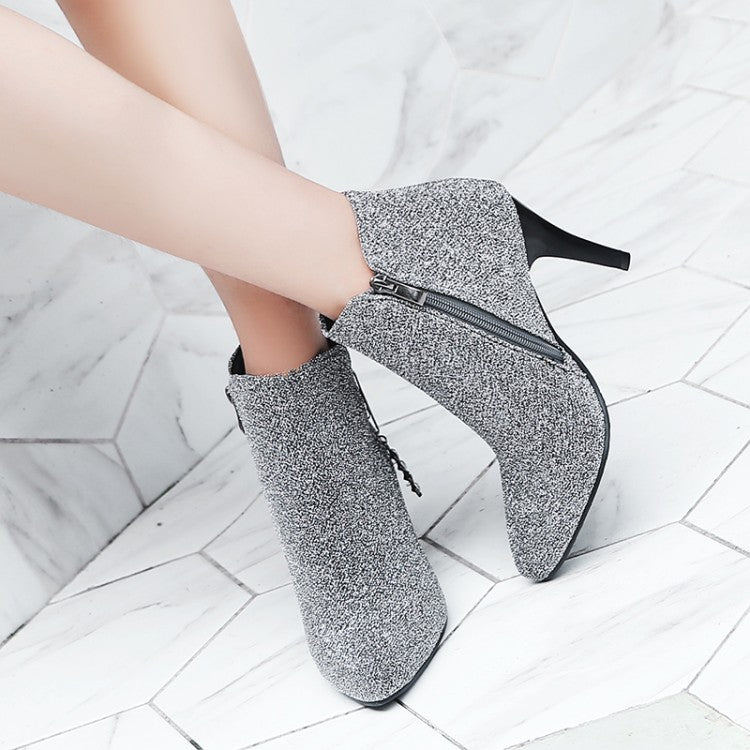 Glitter Pointed Toe Side Zippers Cone Heel Ankle Boots for Women