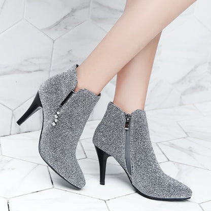 Glitter Pointed Toe Side Zippers Cone Heel Ankle Boots for Women