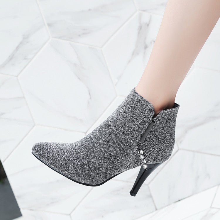 Glitter Pointed Toe Side Zippers Cone Heel Ankle Boots for Women