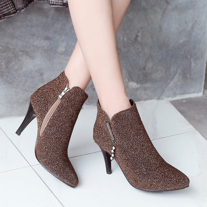 Glitter Pointed Toe Side Zippers Cone Heel Ankle Boots for Women