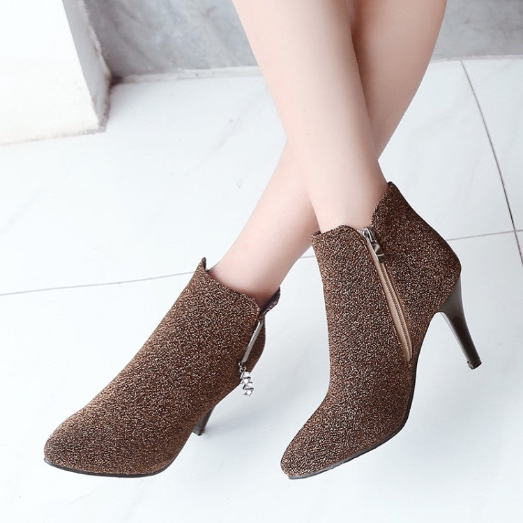 Glitter Pointed Toe Side Zippers Cone Heel Ankle Boots for Women