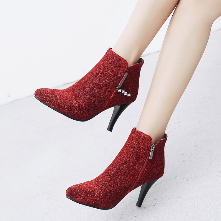 Glitter Pointed Toe Side Zippers Cone Heel Ankle Boots for Women