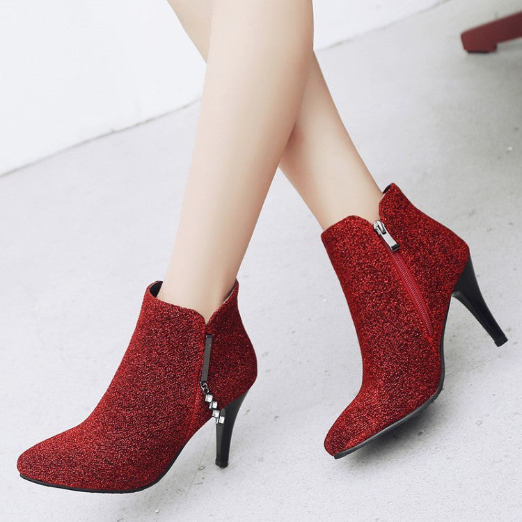 Glitter Pointed Toe Side Zippers Cone Heel Ankle Boots for Women