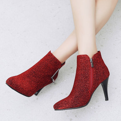 Glitter Pointed Toe Side Zippers Cone Heel Ankle Boots for Women