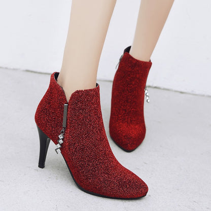 Glitter Pointed Toe Side Zippers Cone Heel Ankle Boots for Women