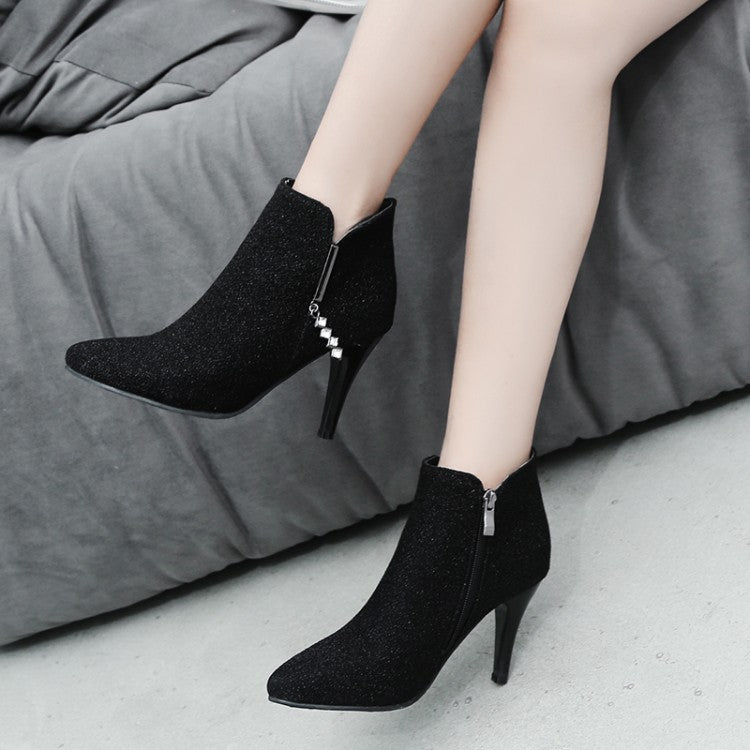 Glitter Pointed Toe Side Zippers Cone Heel Ankle Boots for Women