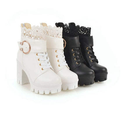 Ladies Lace Up Buckles Lace Chunky Heel Platform Ankle Boots