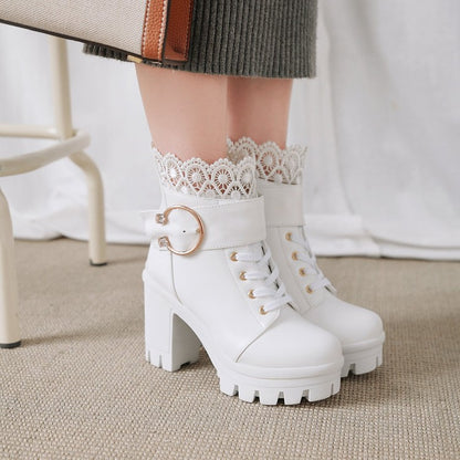 Ladies Lace Up Buckles Lace Chunky Heel Platform Ankle Boots