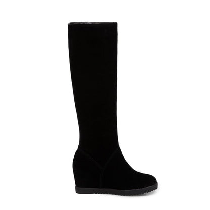 Flock Round Toe Zippers Wedge Heel Knee High Boots for Women